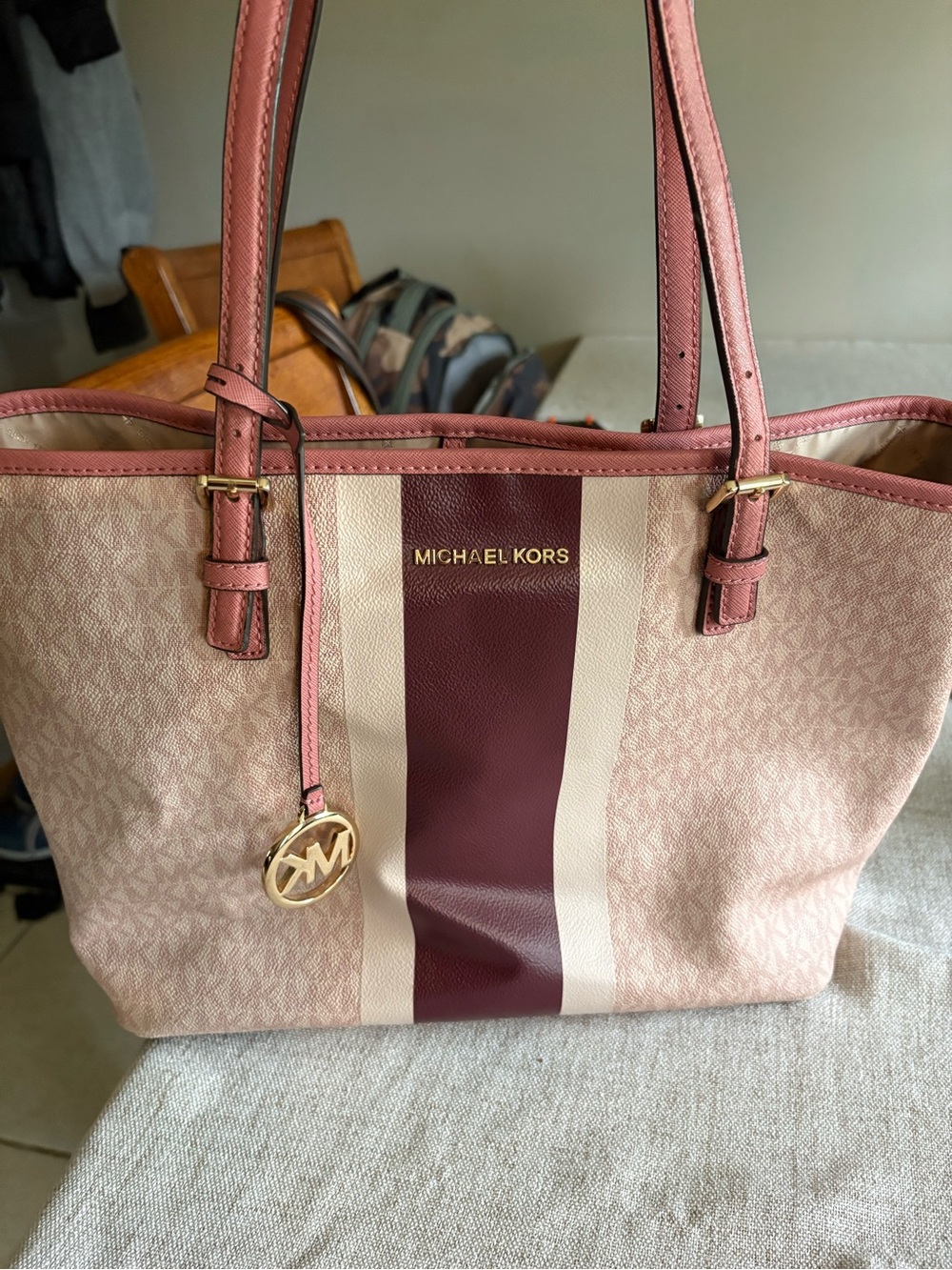 Michael Kors Pink and Burgundy Stripe Tote with Gold Logo Charm